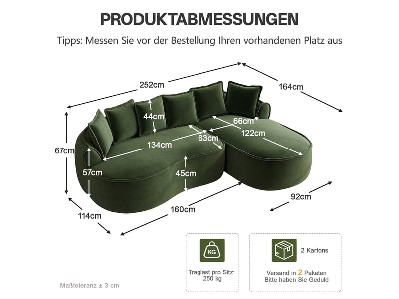  Canapé modulable - 252x164x67 cm - tissu chenille - assise profonde - mobilier de salon - assise confortable - moderne - vert CozyNest - Conforama D