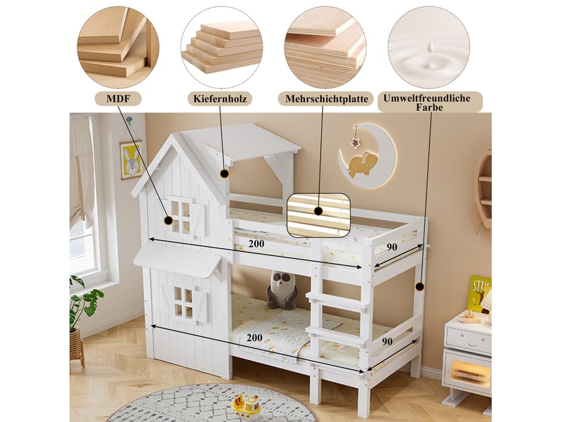 Lit superposé enfant 90x200 cm – blanc – toit à fenêtres, échelle 3 marches, barrières latérales, sans matelas - Conforama E