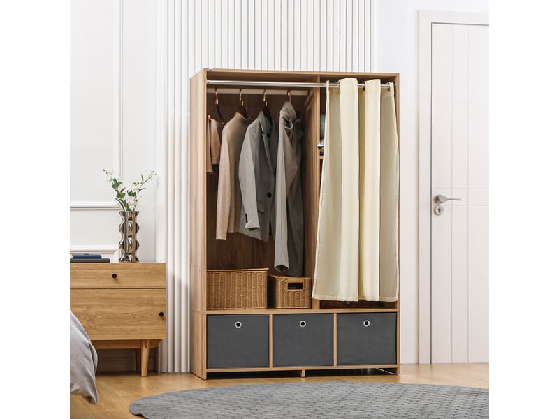  Armoire penderie armoire de rangement avec tringle rideaux 3 tiroirs en tissu amovibles 105 x 48 x 160 cm naturel  - Conforama C