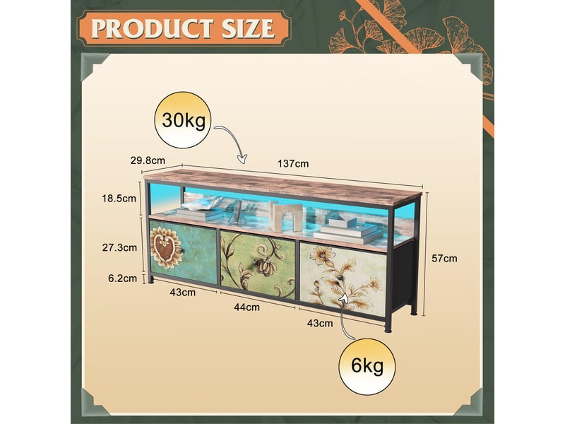  Meuble tv - 137x30x57cm - avec éclairage led, 3 tiroirs en tissu motif floral - meuble de rangement - bois rustique  - Conforama E