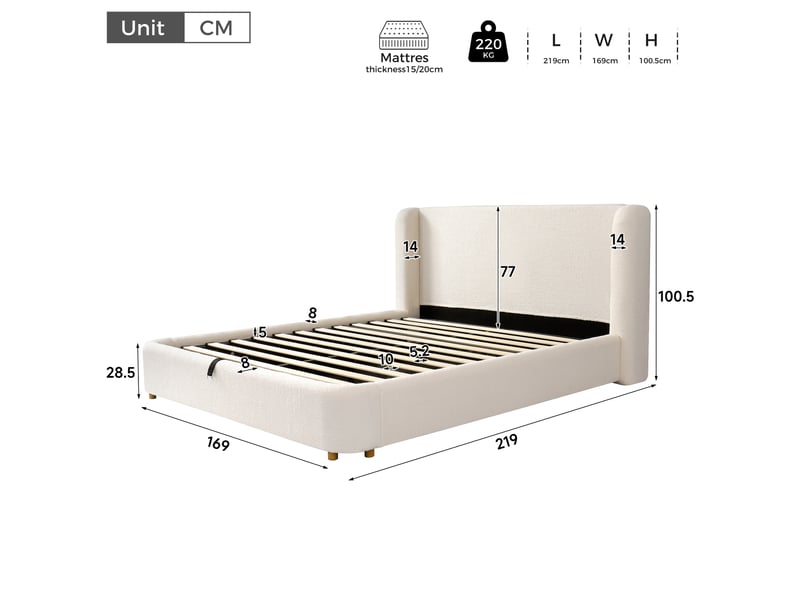  Lit 2 places rembourré 140x200cm avec sommier inclus, lit coffre avec hydraulique, tête de lit rembourrée, beige bouclé  - Conforama D