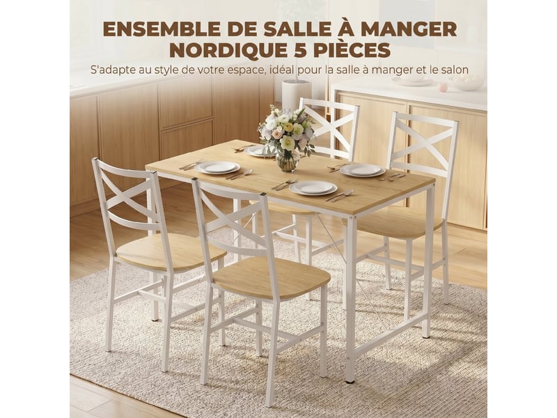  Ensemble table salle à manger avec 4 chaises, bois naturel et blanc, table de cuisine avec chaises pour 4 personnes  - Conforama A