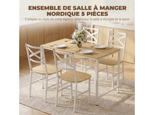 Ensemble table salle à manger avec 4 chaises, bois naturel et blanc, table de cuisine avec chaises pour 4 personnes
