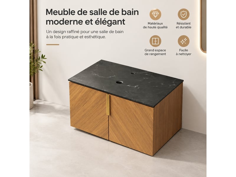  Meuble sous vasque 76 cm avec plan de toilette en pierre frittée, effet chêne, portes doubles  - Conforama D
