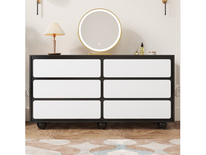  Commode 6 tiroirs 140x38x74,5 cm bords arrondis sécurité familiale pieds métal robustes panneau de particules blanc+noir  - Conforama W