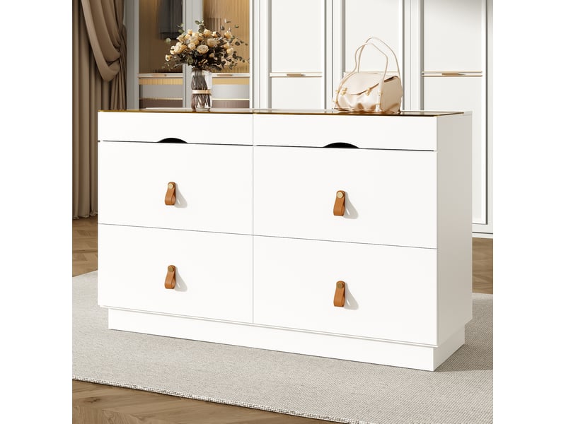  Commode avec 6 tiroirs 120x40x78 cm, coiffeuse, pour chambre, salon, mdf blanc, buffet, plateau en verre transparent  - Conforama B