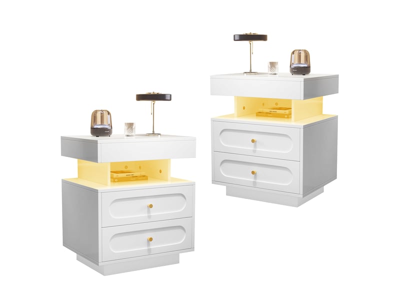  Table de chevet tcqpz led blanche 100 x 40 x 60 cm 2 tiroirs rangement ouvert panneau de particules  - Conforama A