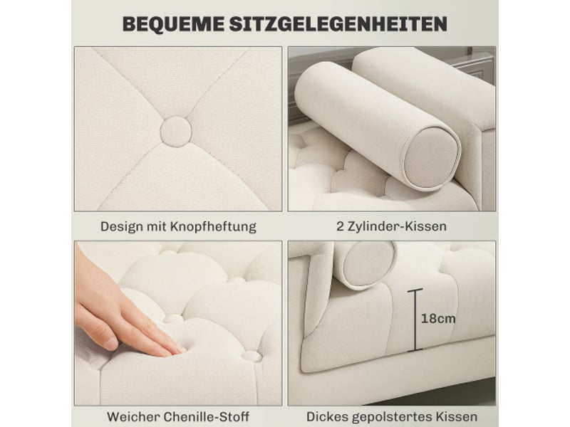  Banc beige en chenille avec accoudoirs, 2 coussins cylindriques, cadre en bois, 115x44x58 cm  - Conforama D