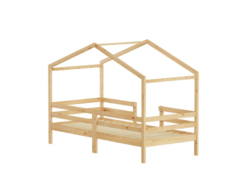  Lit cabane enfant naturel 90x200 cm en pin massif avec toit et barrières de sécurité  - Conforama E