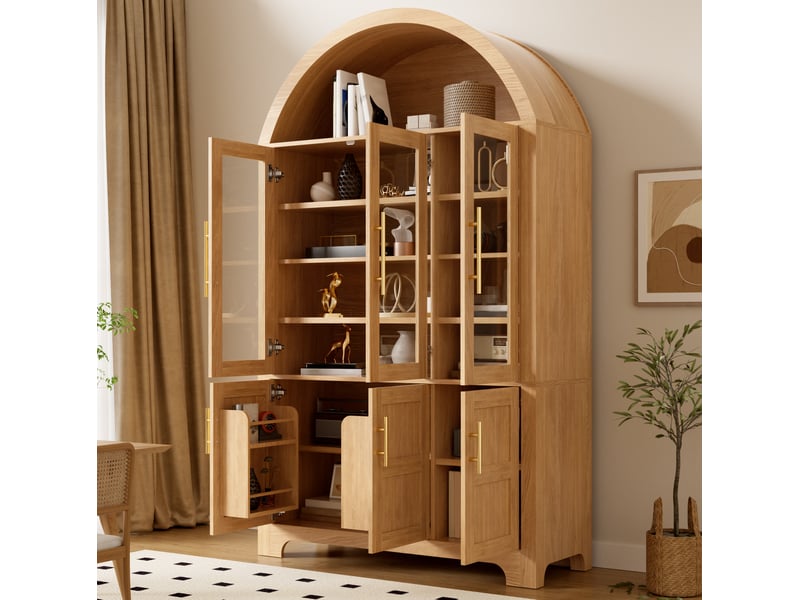  Buffet haut moderne 110x40x185 cm avec niche ouverte en arc, 3 portes vitrées, tablettes réglables, mdf, naturel  - Conforama D