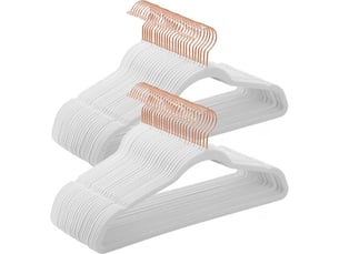 Lot de 50 cintres velours adulte, longueur 41,5 cm, fin, grande capacité de charge, avec crochets pivotants à 360°, pour manteaux, chemises, blanc et rose gold