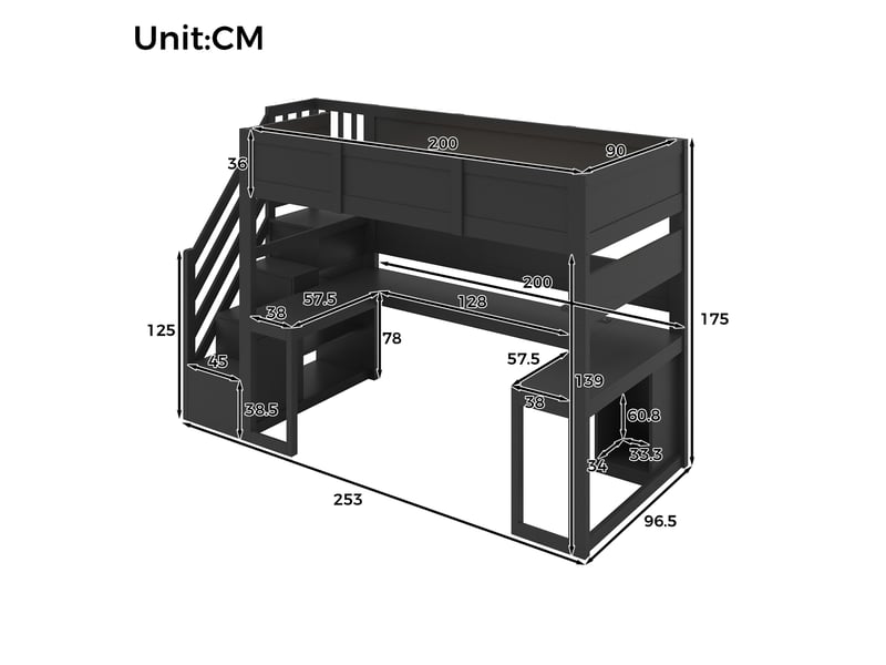  Lit mezzanine gaming 90 x 200 cm avec bureau, escalier avec rangement, éclairage led et port usb, noir  - Conforama C
