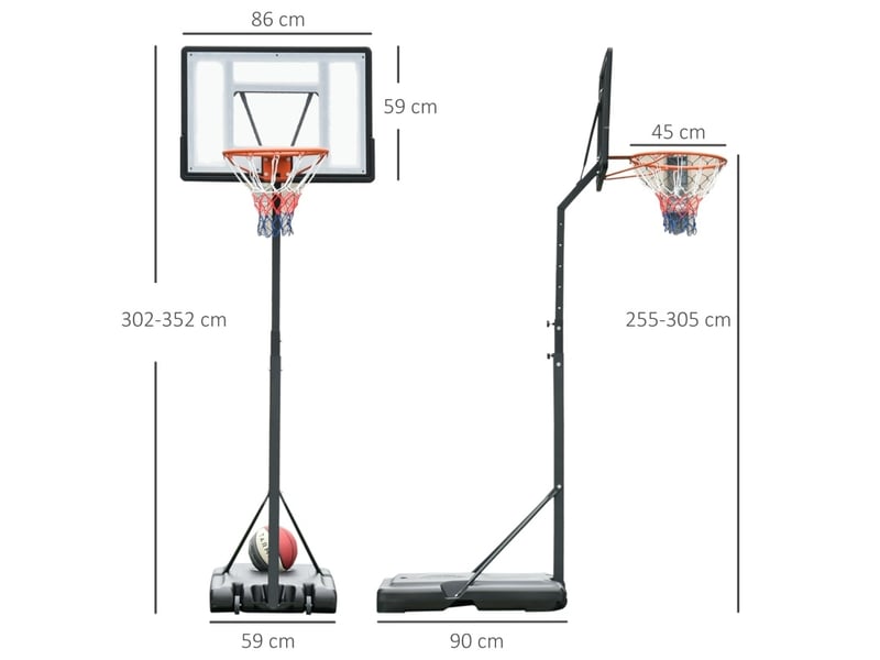  Panier de basket sur pied 90x165 cm – noir – hauteur réglable 255 à 305 cm avec roulettes pour intérieur et extérieur  - Conforama C