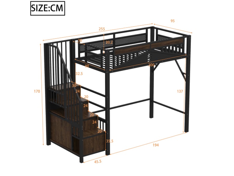  Lit mezzanine 90x200cm coloris noir métal et bois lit enfant noir - Conforama C