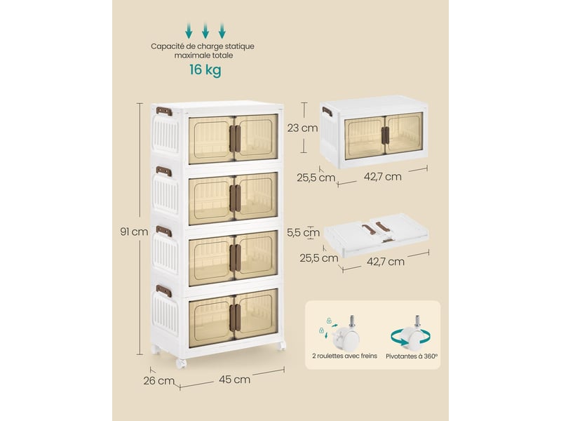  Lot de 2 boîtes de rangement empilables sur roulettes 26 x 45 x 91 cm avec couvercle et double porte en plastique blanc 12_0012402  - Conforama B