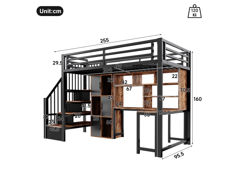  Lit mezzanine 90 x 200 cm avec bureau, led et escalier avec rangement, lit simple en métal noir avec étagères et placards intégrés  - Conforama D