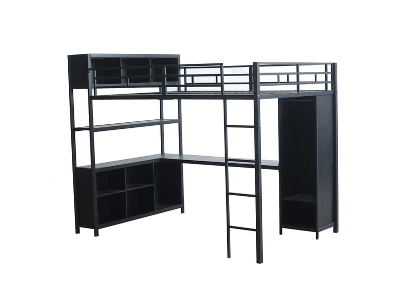  Lit mezzanine enfant 140x200 cm – noir – bureau, armoire intégrée et rangements sur deux niveaux – sans matelas  - Conforama D
