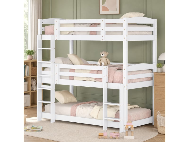 Lit superposé enfant 3 places 90×200 cm avec 2 échelles et barrières - sans matelas, bois blanc - Conforama C