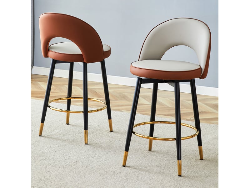  Tabouret de bar pivotant 360°, chaise de bar, chaise haute de cuisine, dossier ajouré, pu et métal, brun et gris clair  - Conforama D