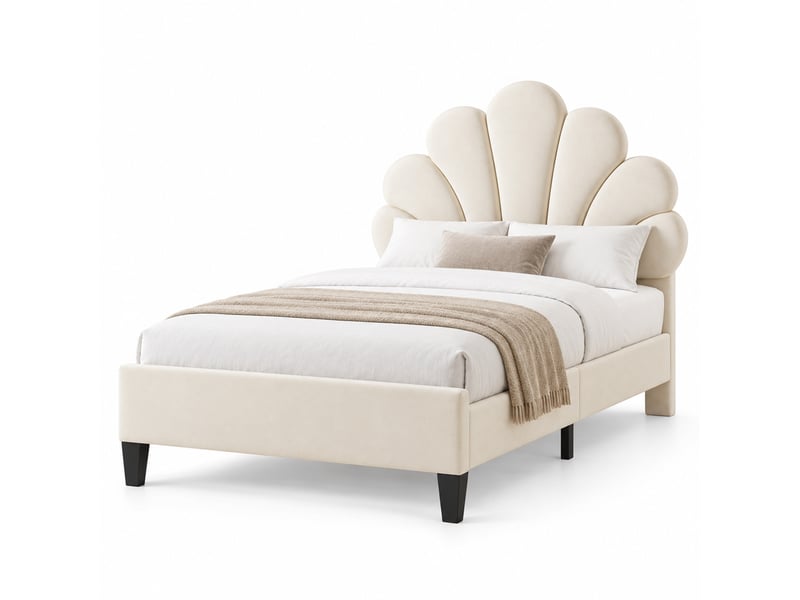  Lit enfant 90x200 cm en velours, lit simple rembourré avec sommier à lattes, tête de lit en forme de pétale réglable en hauteur, cadre de lit capitonné pour enfants et adolescents, beige  - Conforama A