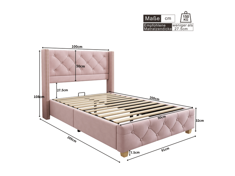  Lit enfant 90x200cm avec sommier à lattes et tête de lit, en velours, sans matelas, rose  - Conforama C