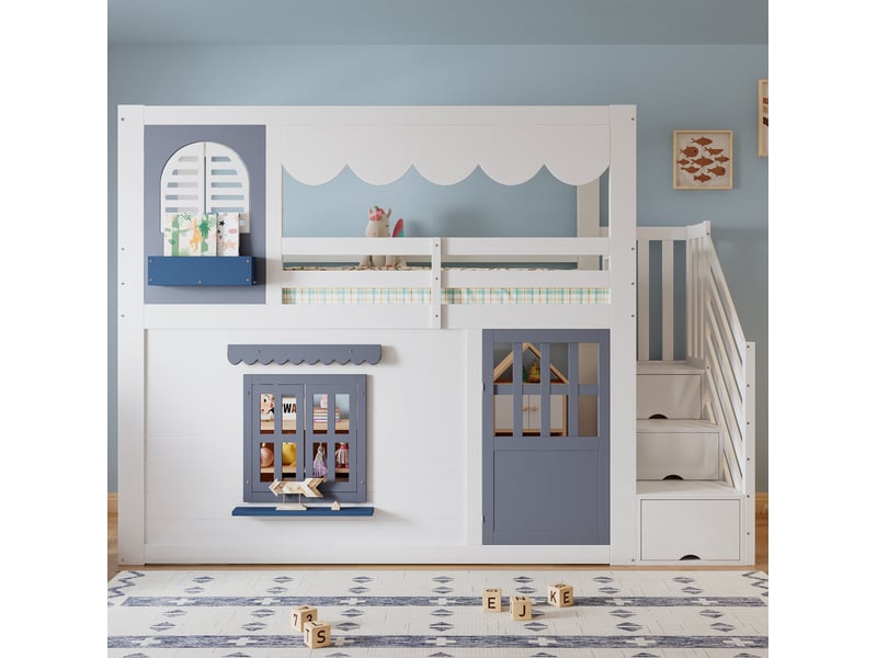  Lit mezzanine enfant modenvie 90 x 200 cm blanc et bleu avec maison, escalier de rangement, porte et fenêtres ouvrantes  - Conforama D
