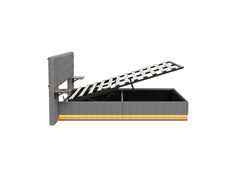  Lit flottant 160 x 200 cm avec coffre, led, usb et étagères, capitonné gris  - Conforama C