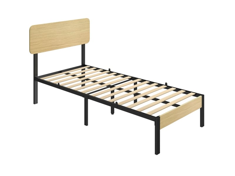  Lit cadre, 90x200 cm, espace sous le lit de 31, avec tête de lit, matelas non inclus, métal et bois, coloris naturel  - Conforama A