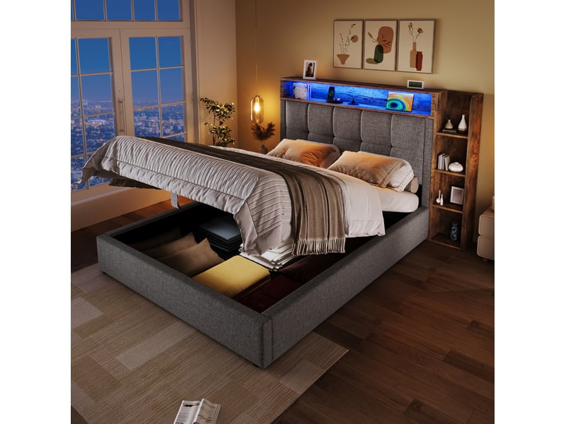 Lit coffre enfant 90x200cm style minimaliste rangement led tactile usb type-c tête capitonnée lin mdf gris sans matelas - Conforama D