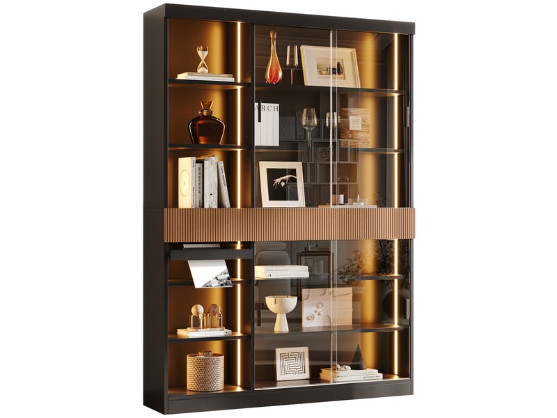 Vitrine led avec 4 portes coulissantes, 3 tiroirs, niches et abattant pour salon, noir brun, 120 × 28,5 × 180 cm - Conforama A