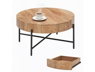 Table basse ronde 2 tiroirs, design bois moderne, pieds métal noir, style ferme vintage, rangement pratique, finition chêne naturel