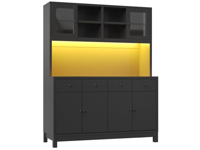 Buffet haut noir 140×38,5×180 cm avec led rgb contrôlable par app, portes vitrées, 4 tiroirs, étagères réglables, 100 kg - Conforama E