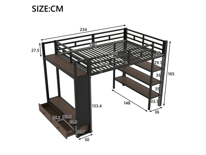 Lit mezzanine 140x200 cm avec placard ouvert, rangements, panneau perforé led, mdf,metal noir sans matelas  - Conforama C