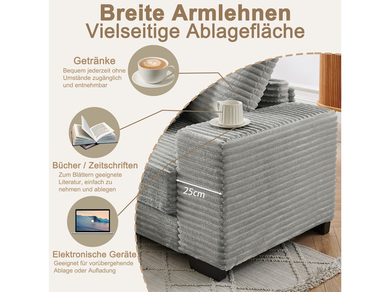  Canapé d'angle en velours côtelé classique 256.5 x 133.5 x 89 cm design modulaire 4 places avec 6 coussins pieds en plastique renforcés idéal pour salon appartement bureau  - Conforama E