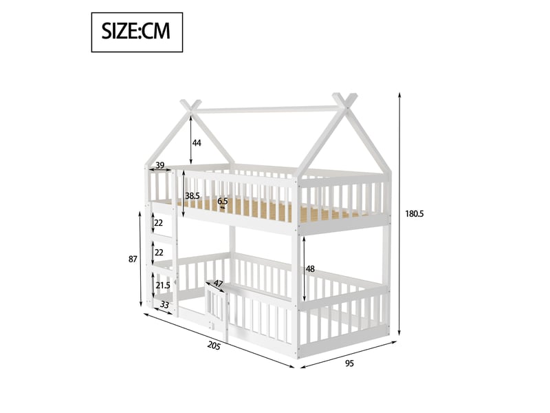  Lit superposé enfant 90x200 cm avec escalier, barrières et cadre blanc  - Conforama C