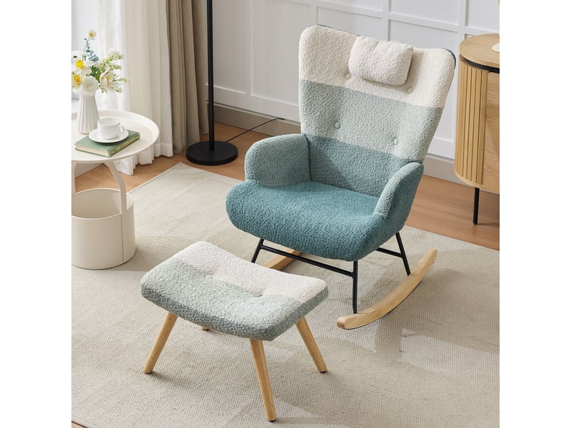  Fauteuil à bascule avec repose-pieds, dossier ergonomique et poche latérale en bouclé multicolore  - Conforama C
