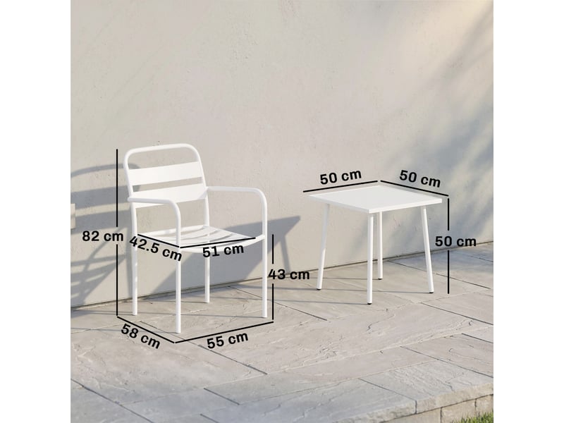  Ensemble bistro 3 pièces : table en verre et 2 chaises, mobilier d'extérieur blanc.  - Conforama E