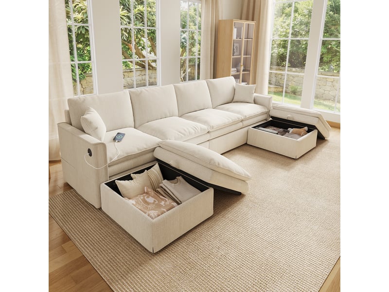 Canapé d’angle modulable 6 places 277x135x80 cm en ul avec 2 poufs mobiles avec rangement, usb et usb-c, 2 coussins, tissu coton-lin beige - Conforama B
