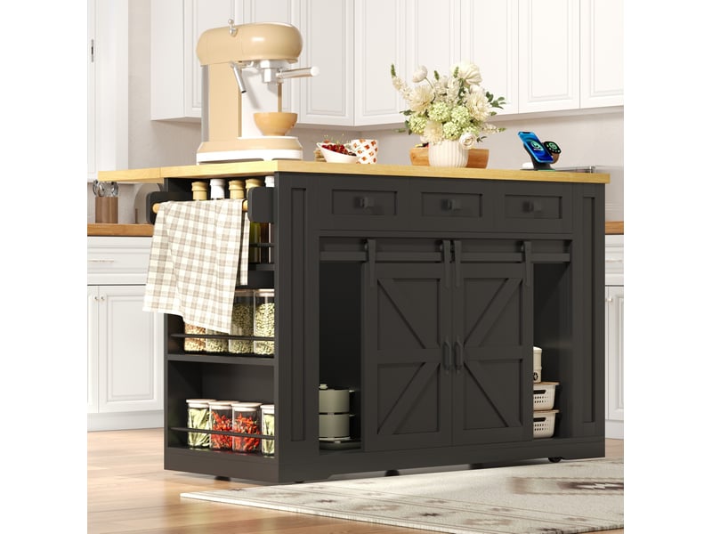 Desserte de cuisine mobile avec plan rabattable, 3 tiroirs, portes coulissantes, prises et étagères 130 × 80 × 87 cm - Conforama B