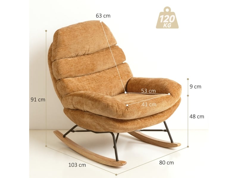  Gepolsterter schaukelstuhl mit stahlbeinen und holzkufen, gelb  - Conforama E
