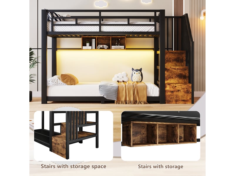 Lit superposé enfant 90x200cm en métal avec led et escalier rangement,lit mezzanine avec barrières,garde-corps,marches,sans matelas,noir  - Conforama E