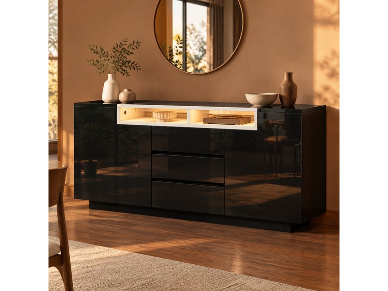  Buffet bas 2 portes 3 tiroirs avec led 140 cm homvra  - Conforama B