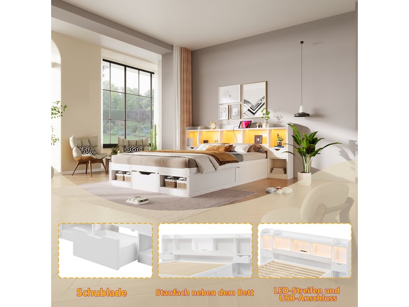 Lit coffre 140x200 cm avec rangement tête et pied de lit, 3 tiroirs, étagères, led, usb, cadre de lit plateforme en mdf et contreplaqué - blanc - Conforama E