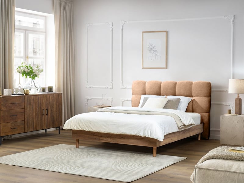  Bobochic lit kumo tissu lisse lattes massives pieds en bois naturel rose 180x200 KUMO - Conforama C