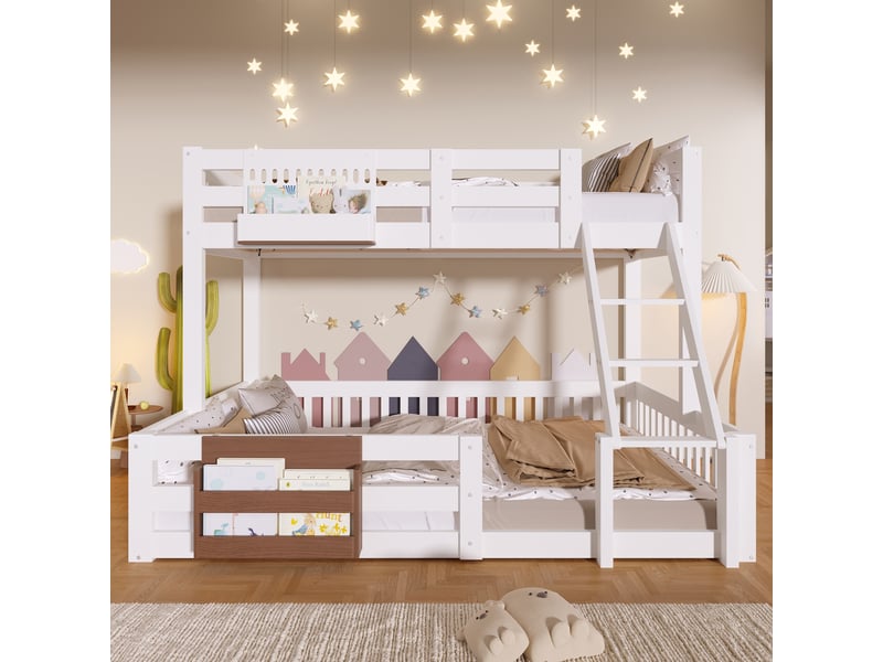  Lit superposé enfant 90x200 et 140x200 cm avec rangements, garde-corps et échelle intégrée, métal, mdf et pin, blanc Sol Morn - Conforama D