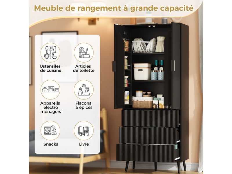  Armoire de rangement haute 2 portes 3 tiroirs avec étagères -  mdf rainuré, noire  - Conforama C