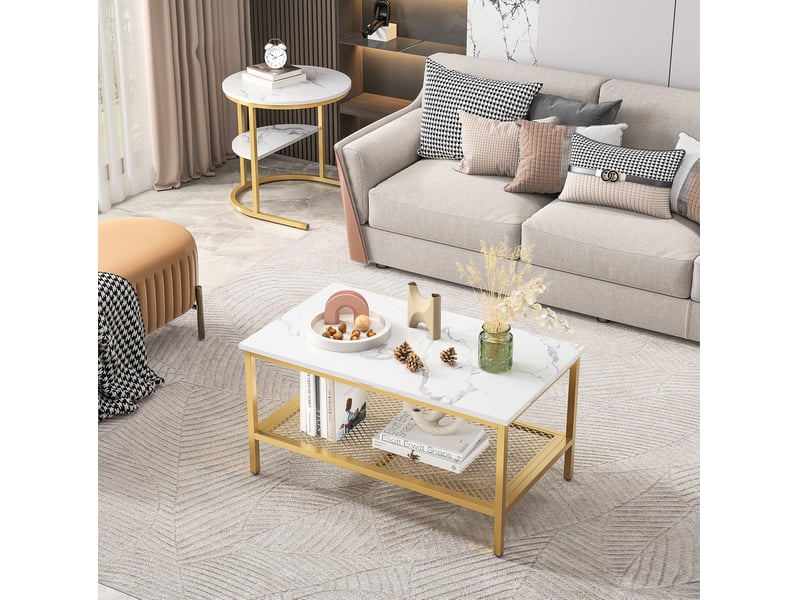  Lot de 2 tables gigognes dorées en bois et acier inoxydable, aspect marbre  - Conforama D