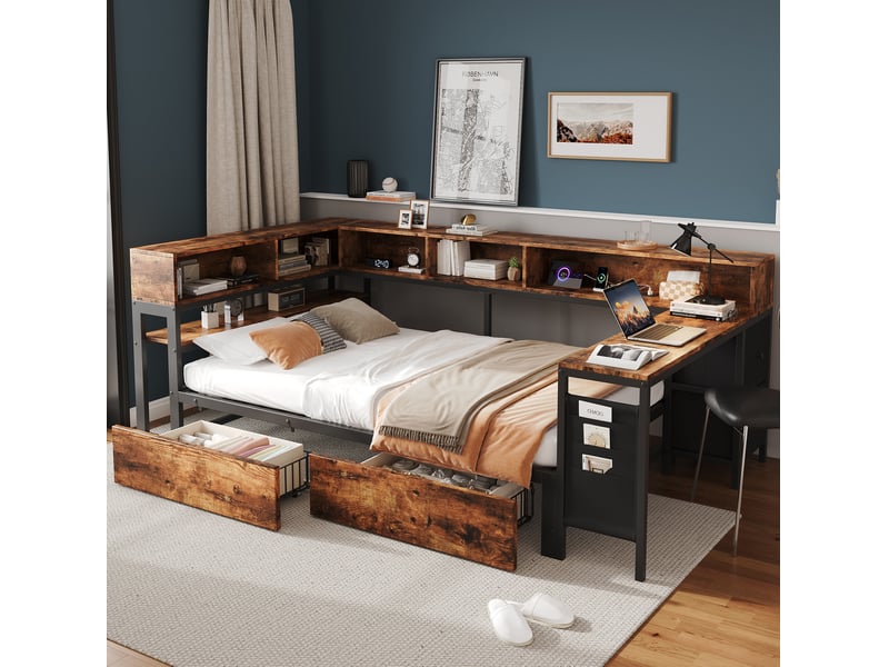  Lit combiné 120x200 cm avec rangements et prise de charge noir et naturel  - Conforama D