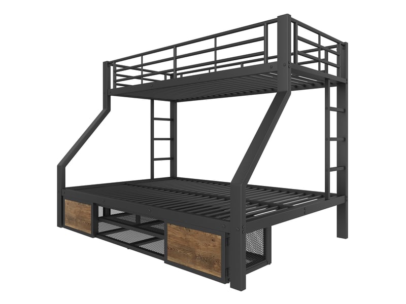  Lits superposés 90x200 cm et 140x200 cm noir, armoire à chaussures, rangements, échelle, sans matelas  - Conforama A