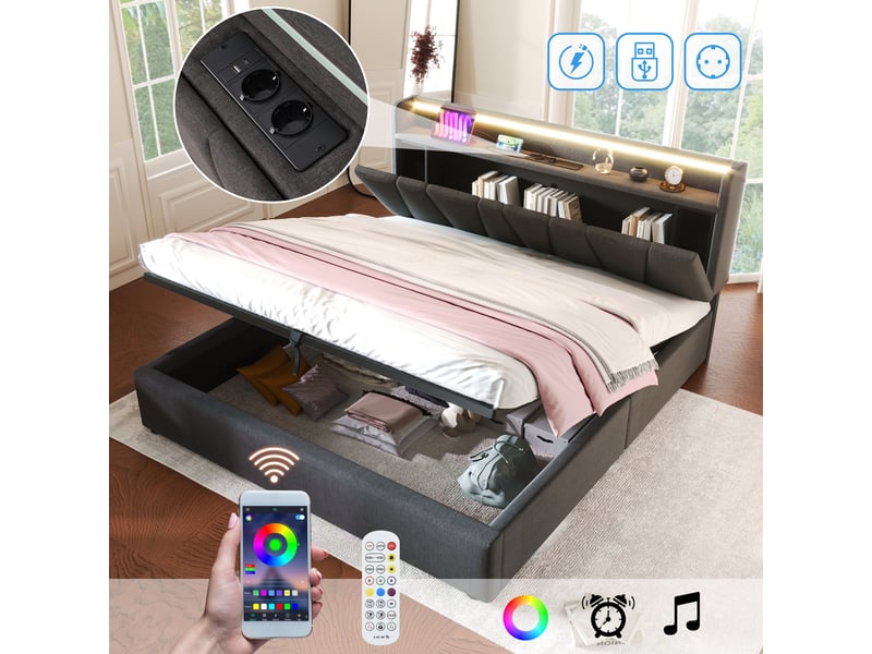  Lit coffre 160x200 cm, rangement hydraulique, tête de lit avec rangement, éclairage led, usb et usb-c pour chambre - gris  - Conforama D